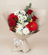 Букет цветов из:  Розы, Хризантемы, Герберы и Лилии #REPLACE_PRED# Передовой