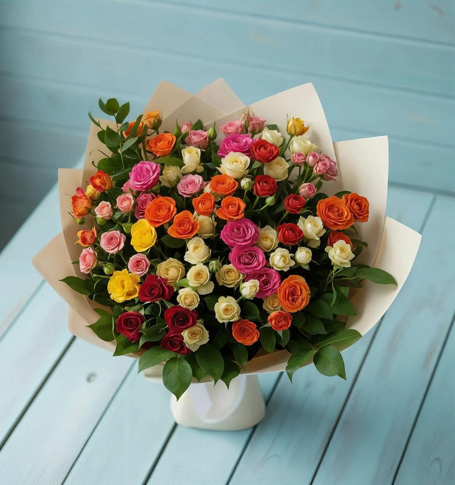 Букет Микс из разноцветных кустовых роз в Передовой