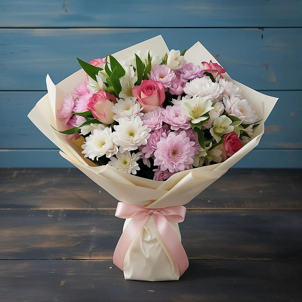 Букет цветов из: Хризантемы, Альстромерии и Розы в Передовой